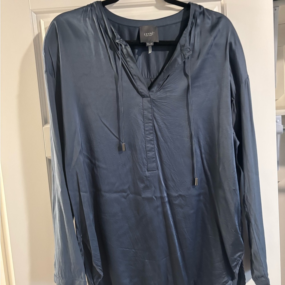 Lysse Navy Satin V-Neck Long Sleeve Tunic